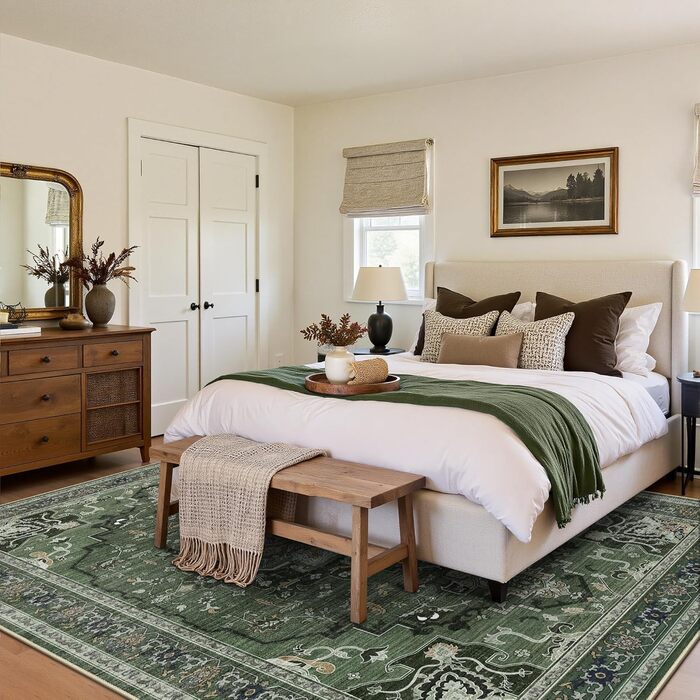 Килим GENIMO Boho Vintage 160x230 см, короткий ворс, антиковзаюча, для вітальні, спальні, їдальні, офісу, салатовий, геометричний, прямокутний