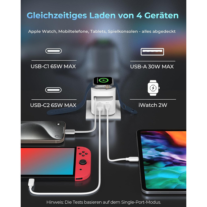 Зарядний пристрій 65W USB-C GaN з кабелями для Apple Watch, iPhone, iPad, MacBook, Samsung Galaxy - білий