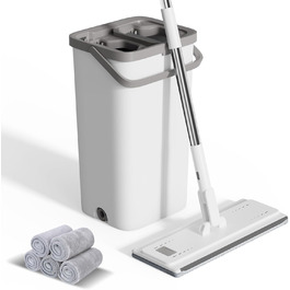 Набір для миття підлоги з відром, вичавлювач для підлоги, набір мопів 2 в 1 з регульованою ручкою з нержавіючої сталі та 6 мікрофібровими насадками, підходить для плитки та ламінату (моп з відром - білий)