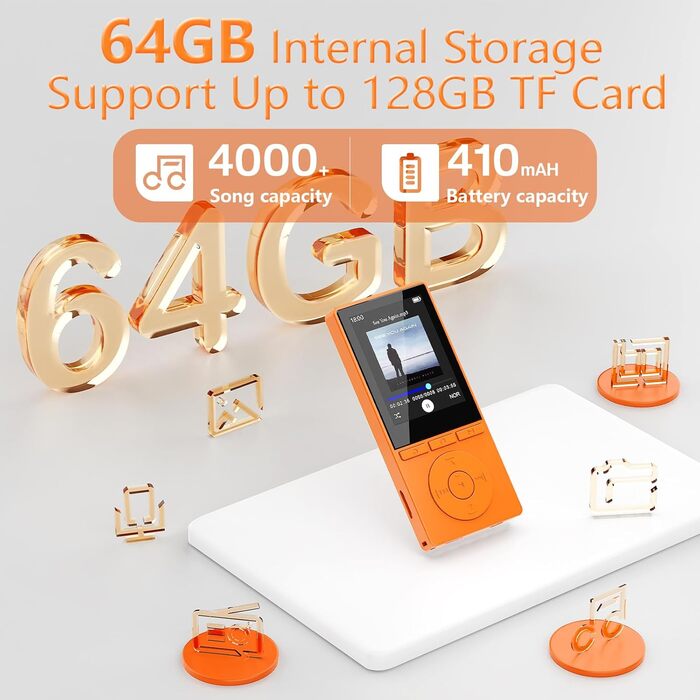 MP3 плеєр 64GB Bluetooth 5.3 з динаміком, HiFi звук, диктофон, E-book, підтримка TF карти 128GB (Помаранчевий)