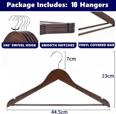 Amber Home 10-Piece 44.5cm Retro Wooden Clothes Hangers with Bar and Notch, Antique Brown Hanger for T-Shirt, Shirt, Suit, Coat, Dress, Wedding, Camisole