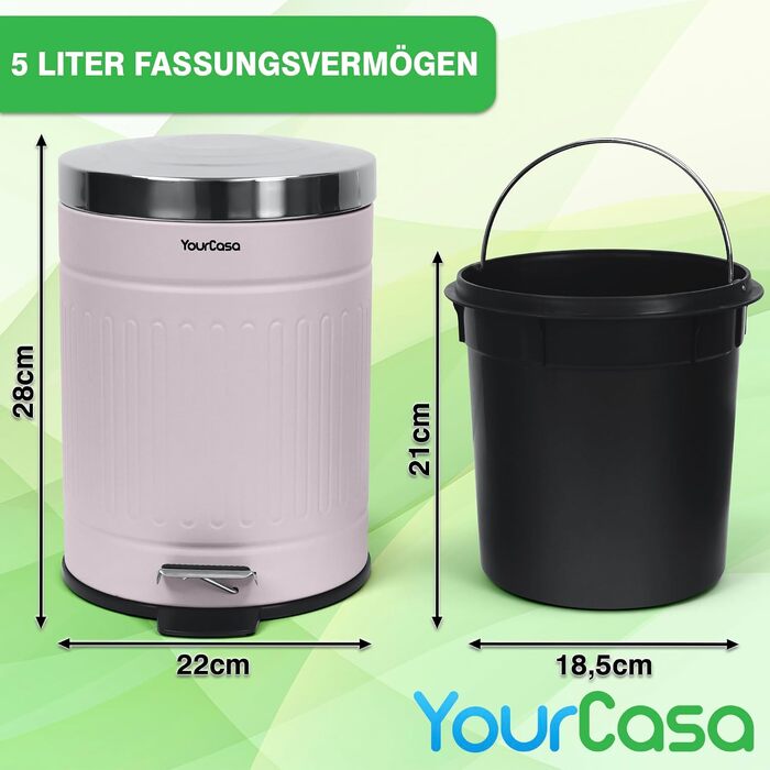 Смітник для ванної кімнати YourCasa® 5Л, ретро-стиль (ніжно-рожевий), косметичний відро з м'яким закриттям Softclose та внутрішнім контейнером, нержавіюча сталь