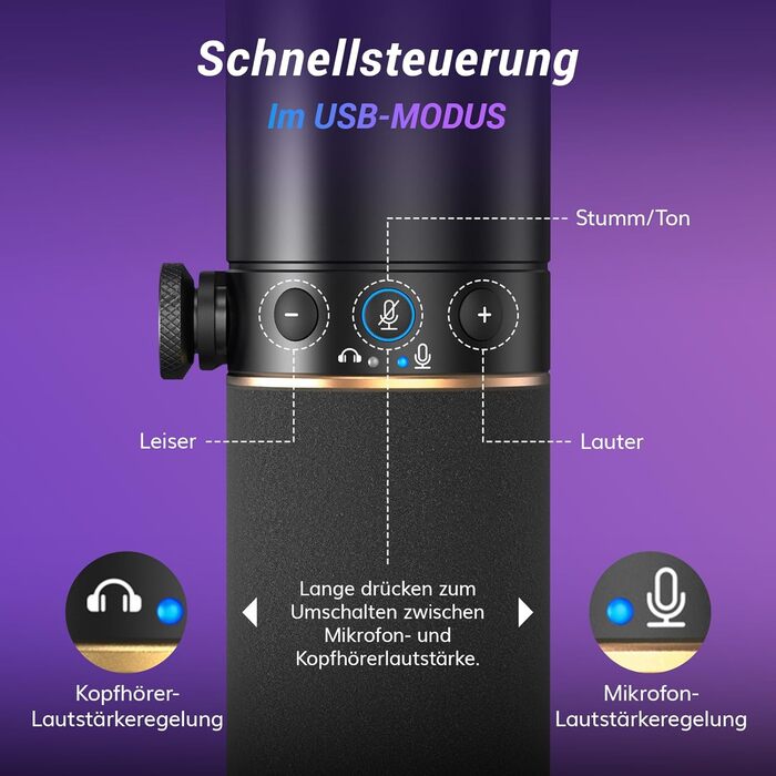 Мікрофон TONOR TD510+ для стримінгу, студії та запису. XLR/USB, динамічний, з регульованою ніжкою та RGB підсвічуванням. Чорний колір