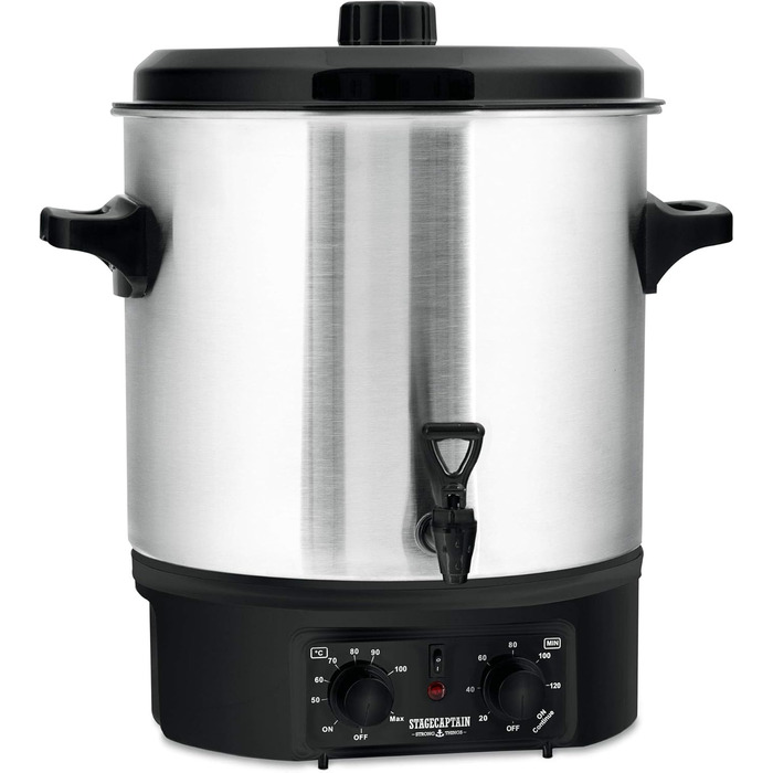 GWK-27A Mulled Wine Cooker - Canning Machine with 27 Liter Capacity - 2000 Watts - Brushed Stainless Steel - Easy Operation (Temperature and Timer) - Automatic Shut-Off - Silver
