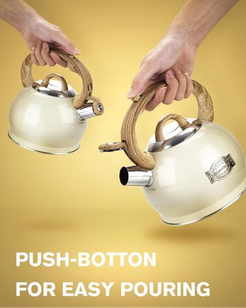 Чайник Teekessel 2.1 л з плитою, чайник з нержавіючої сталі з дерев'ястим декором, складаний ручка, для всіх типів плит (білий)