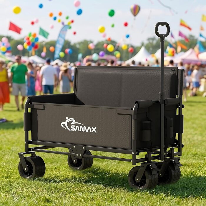 Універсальний садовий візок-трансформер SAMAX Bollerwagen 200 кг з лавкою, чорний. Складаний візок для саду, пляжу, бездоріжжя з спинкою