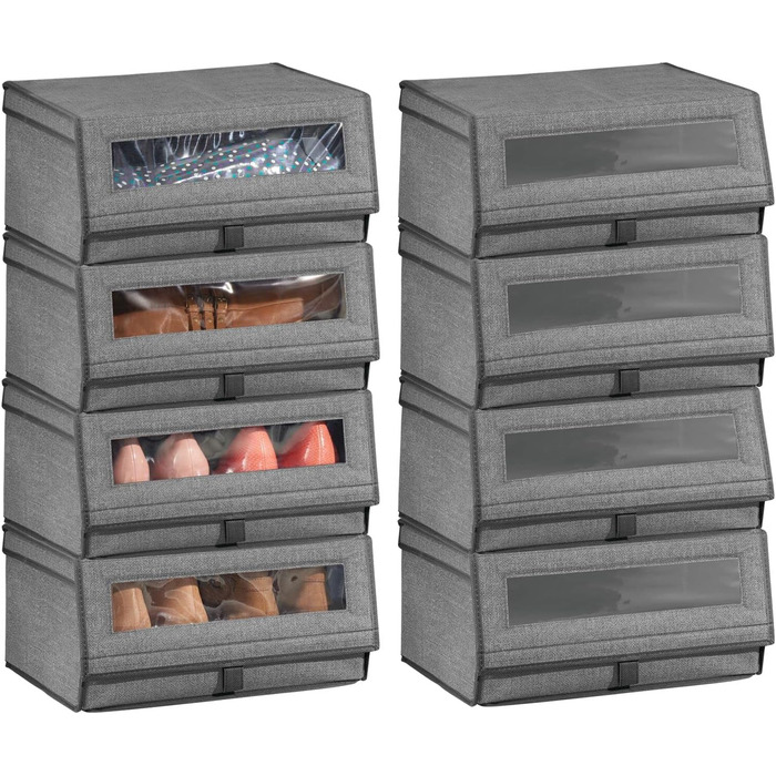 mDesign 8-Piece Fabric Shoe Storage Set – Stackable Shoe Box with Viewing Window, Velcro Closure, and Flip-Top Lid – Storage Box for Closet or Shelf – Dark Gray