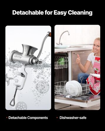 М'ясорубка ручна VEVOR з нержавіючої сталі 304, з насадкою для ковбас, кріпленням до столу та 2 дисками (4.5/8 мм) + 4 насадки для ковбас