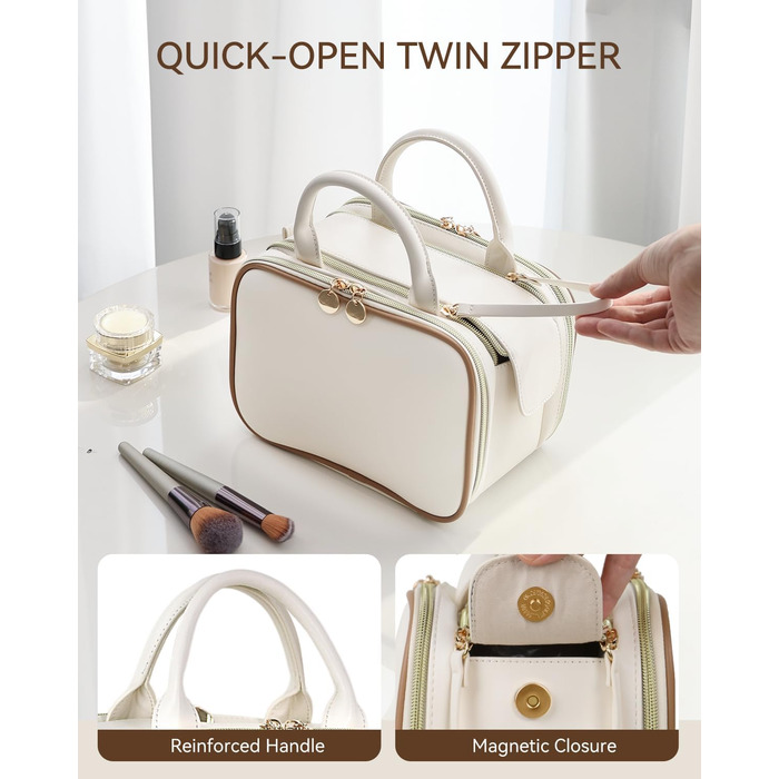 Косметичка для макіяжу великої місткості з кількома відділеннями, водонепроникна, з ручкою, бежева