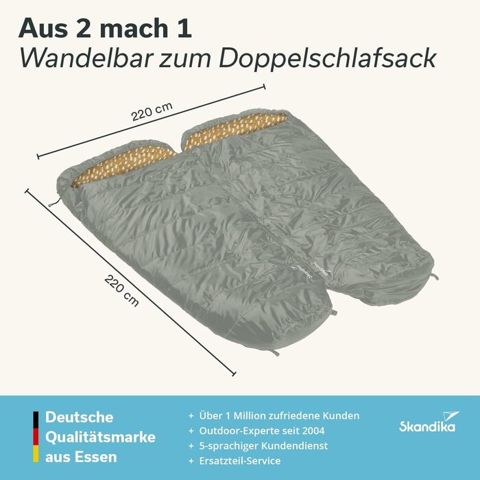 Спальний мішок Skandika Vegas XXL | Мультиспальник для дорослих, 3 сезони, до -12°C, 220x110 см, ковдра-спальник, для кемпінгу та подорожей