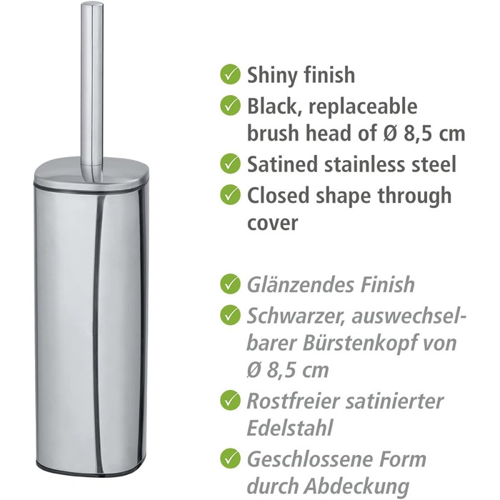 Набір для туалету WENKO Alassio: щітка для унітазу з нержавіючої сталі, знімний насаджувач Ø 8,5 см, чорний, 9,3 x 39,2 x 9,3 см
