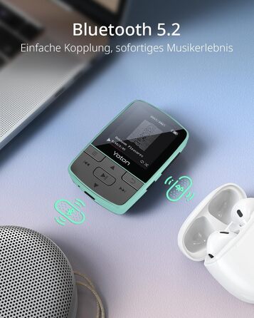 MP3-плеєр YOTON з Bluetooth 5.2, Hi-Fi звук, FM-радіо, диктофон, регулятор гучності, навушники, підтримка SD до 128 ГБ (М'ятний)