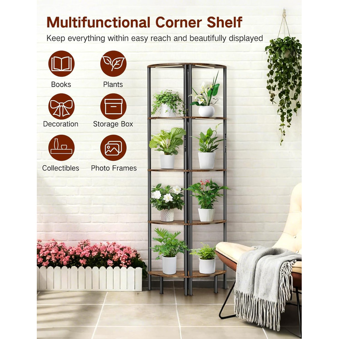 Стійка лампа OUTONLIFE з полицями, LED, 3 режими, регулювання яскравості, пульт, 5 ярусів, для вітальні, спальні, офісу, колір: Rustic Brown