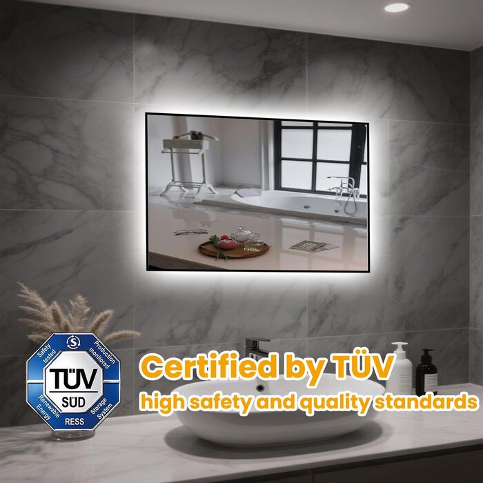 LED дзеркало для ванної кімнати з підсвічуванням 45x65 см, водонепроникне IP54, холодне біле світло 6500K, прямокутне, енергозберігаюче, біле