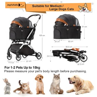 Візок для собак 3 в 1, до 15 кг, чорний. Розкладний візок для собак та котів з сумкою-переноскою та дощовиком. Підходить для маленьких та середніх порід.