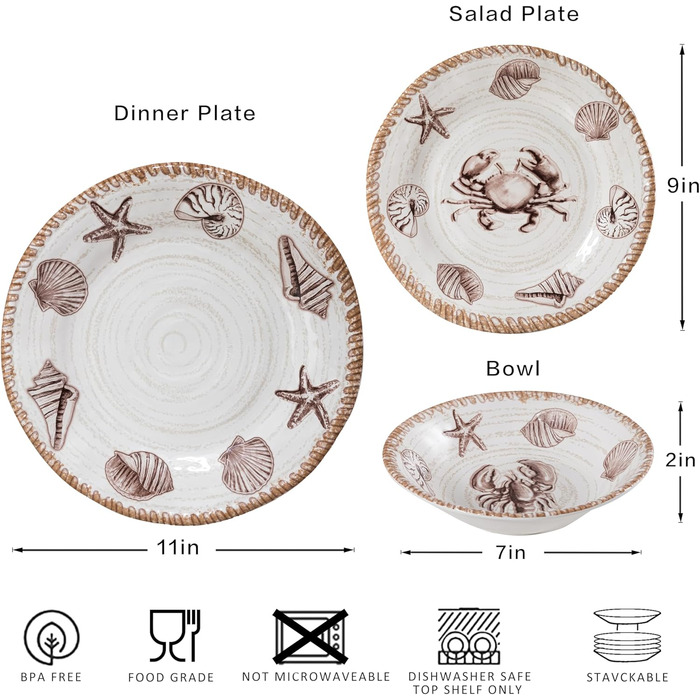 Набір посуду з меламіну, 12 предметів: тарілки та миски для 4 осіб, неб'ючий посуд, ідеально для кемпінгу, RV, BPA-free, придатний для миття в посудомийній машині (Antikes Ozean)