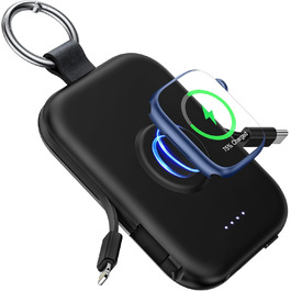 Power Bank RORRY 5000mAh з вбудованими кабелями, брелок-пауербанк, сумісний з iPhone 16/15/14/13/12/11 та Apple Watch (Чорний)