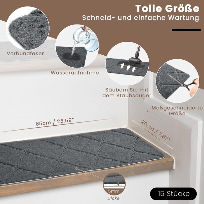 Килимочки на сходи, самоклеючі, 15 шт., антиковзаючі, для дому. Захист від ковзання для дітей, домашніх тварин та літніх людей. Розмір: 55x19 см (65x20 см, темно-сірий)