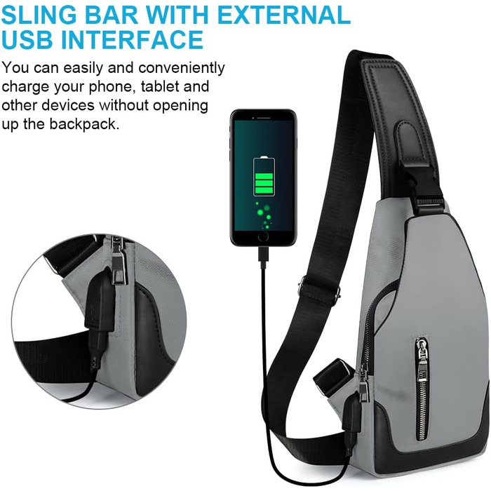 Чоловіча нагрудна сумка Brusttasche, Crossbody з USB-зарядкою, Оксфорд, водонепроникна, для спорту, роботи, подорожей (#6 A-grau)