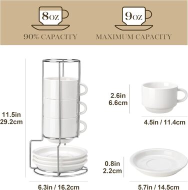 Набір чашок еспресо MALACASA 4 шт., 75 мл, з підставками та стійкою, 240 мл, біле порцелянове, для еспресо, Regular