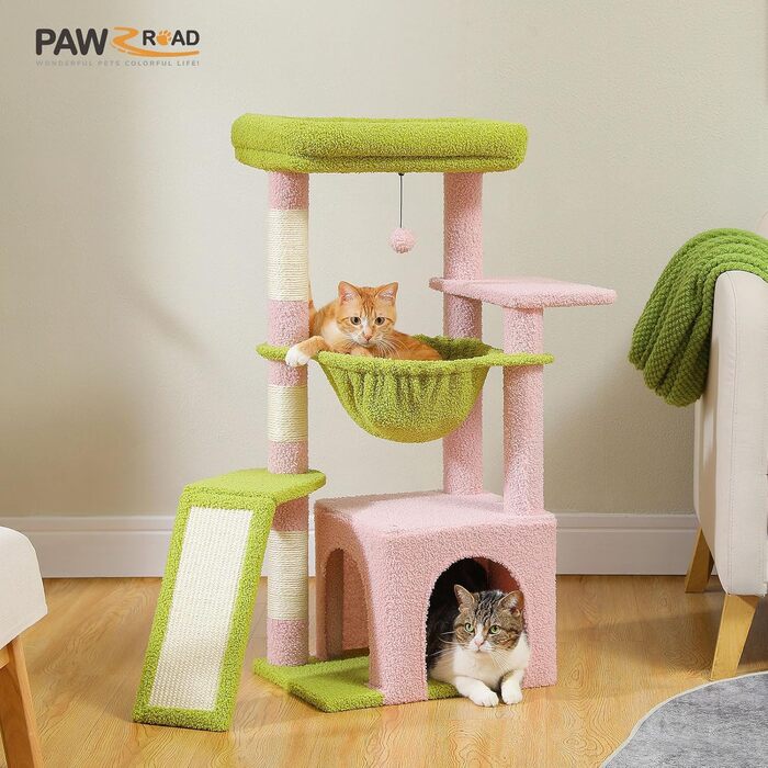 Драбина-кіготь PAWZ Road для котів з великою печерою, сизалевим покриттям, гамаком та стійкою, 90 см, рожева