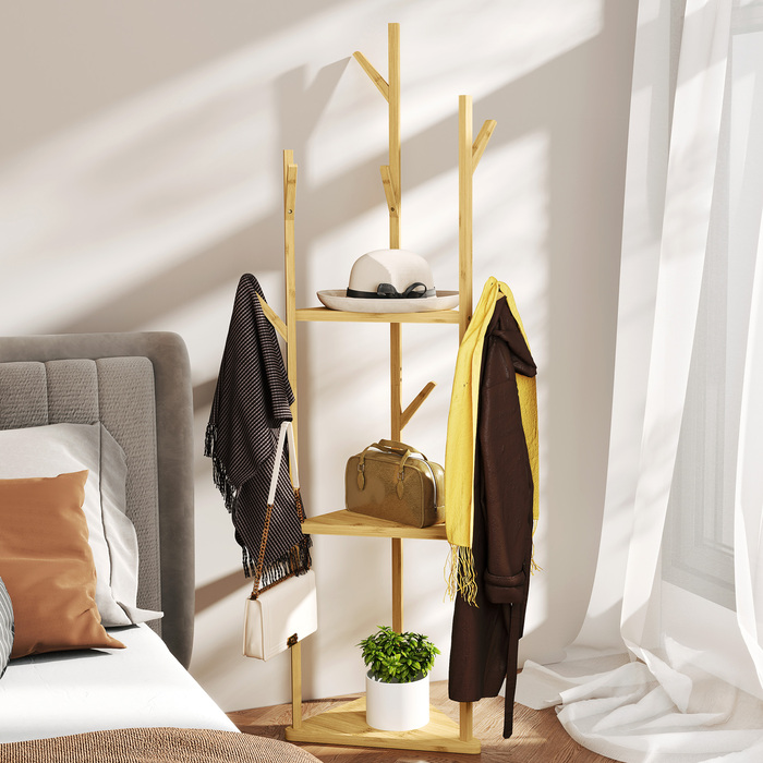 HOMCOM Coat Rack, Clothes Rack with 8 Hooks, 3 Tiers, Jacket Stand for Hats, Clothing, Entrance, Hallway, 45 x 45 x 170 cm, Bamboo, Natural | Aosom