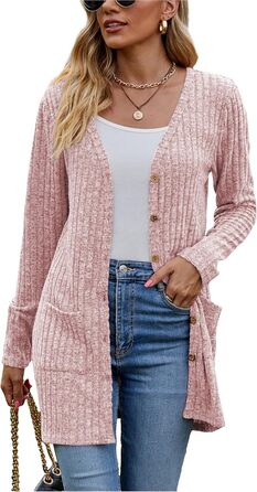 Кардиган жіночий з довгим рукавом, відкритий спереду, на ґудзиках, V-подібний виріз, легкий, з кишенями (XL, Рожевий)