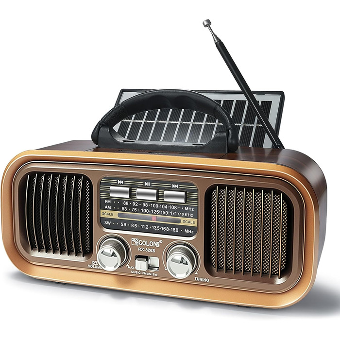 Ретро Радіо Klein з Bluetooth, AM/FM/SW радіо, портативне, з сонячною панеллю, USB/TF картка, подвійний динамік, коричневе