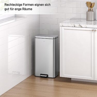 Відро для сміття EKO Madison 30л з м'яким закриттям кришки, нержавіюча сталь, знімний внутрішній відерце, стійке до відбитків пальців, з 20 мішками для сміття 30л