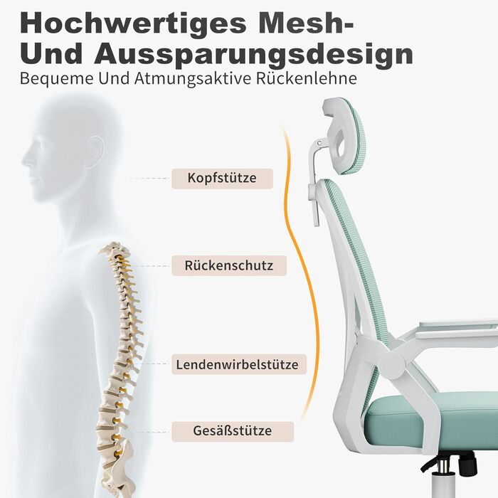 Офісний стіл Naspiro Bürostuhl: ергономічний стілець з сітчастою спинкою, підтримкою попереку, м'яким сидінням та регулюванням висоти. Кольори: сірий (зелений), з підголівником. Для дому та офісу.