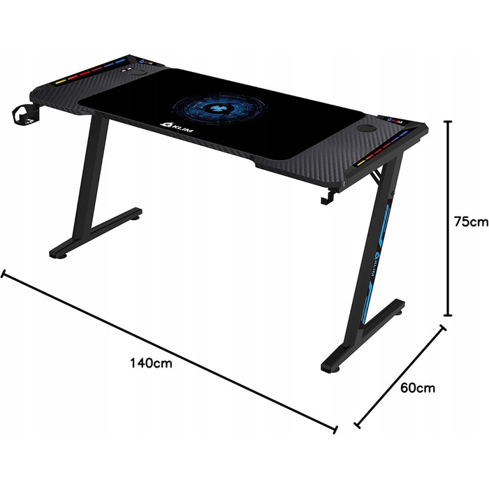 Ігровий стіл KLIM, чорний, 140 см — комп'ютерний стіл для геймерів