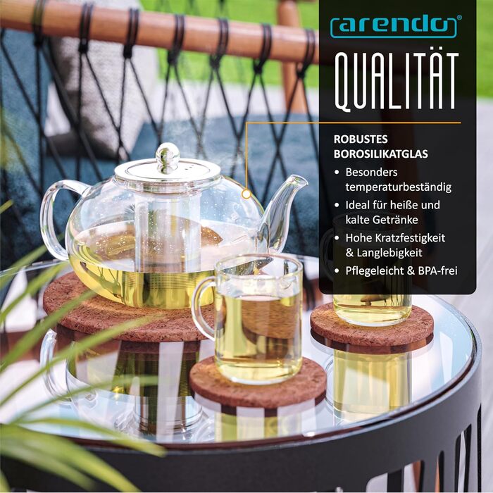 Скляний чайник Arendo з ситечком з нержавіючої сталі, боросиликатне скло, 1200 мл, термостійкий для листового, трав'яного та фруктового чаю