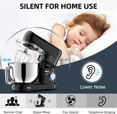 Кухонна машина-міксер з чашею 6.5л з нержавіючої сталі, 2000W, 6 швидкостей, для тіста та міксування, з набором насадок (вічорник, гак для тіста, вінчик) та захистом від бризок, чорна