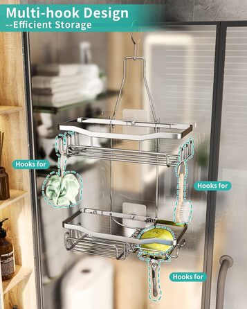HapiRm Shower Shelf to Hang with Razor Holder & Soap Holder - Hanging Shower Shelf with Multiple Hooks - High-Quality Hanging Shower Shelf Stainless Steel No Drilling-Silver