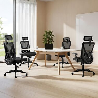 Офісне крісло Yaheetech з регульованою підголовником та поперековою підтримкою, дихаюча сітчаста спинка, широке сидіння, S-подібна спинка, поворотне на 360°, чорний