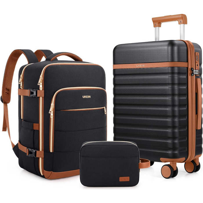Набір валіз UKEIN 3 шт. з жорстким корпусом, для подорожей, з TSA замком та спіннер колесами. Включає рюкзак та косметичку. (Чорний/Коричневий)