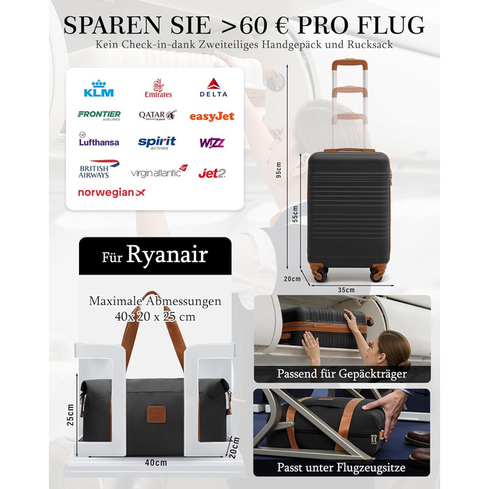 Набір валіз COOLIFE: велика (55x35x20 см) + маленька (40x25x20 см) для ручної поклажі Ryanair & Easyjet, ABS, 2 шт, з TSA замком, чорний/коричневий