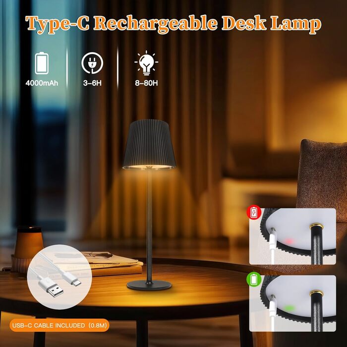 LED-лампа настільна бездротова диммируемая чорна з USB-C, сенсорна лампа з 3 колірними температурами, плавною регулюванням яскравості, регульованою висотою, IP54 вологостійка для внутрішнього/зовнішнього використання, чорна (нова версія)