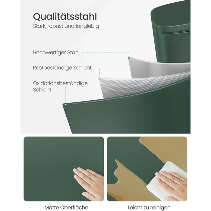 Відро для сміття SONGMICS 30 л, стале, з м'яким закриттям, з внутрішнім відром, для кухні, Vintage Green