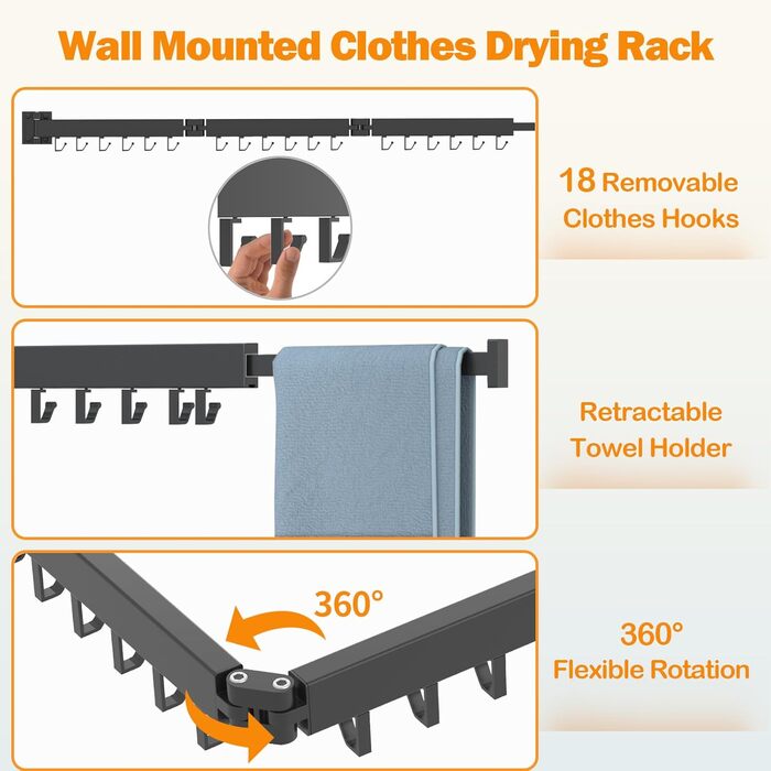 Настінна сушарка для білизни, розкладна, 3-секційна, 120 см (50 дюймів у складеному стані), біла. Максимальне навантаження: 150 фунтів (68 кг). Підходить для невеликих осель.