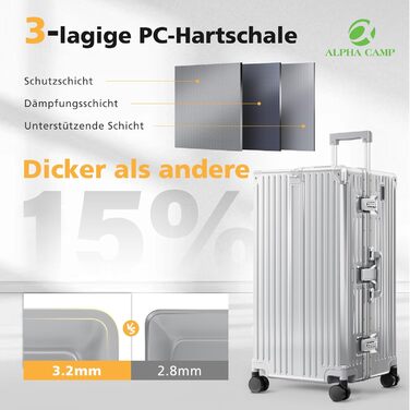 Чемодан ALPHA CAMP Trunk-XL (30 дюймів) з алюмінієвим каркасом та полікарбонатною оболонкою, TSA-замок, 93L, срібний