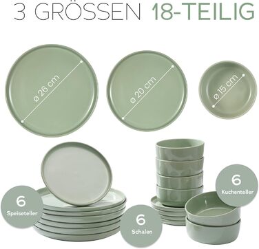 Набір посуду Feinsteinzeug на 6 осіб (18 предметів) — міцний, стійкий до подряпин, бежевий глянцевий | Столовий посуд, тарілки, миски — Magnetiks (Misty Mint, 18 предметів)
