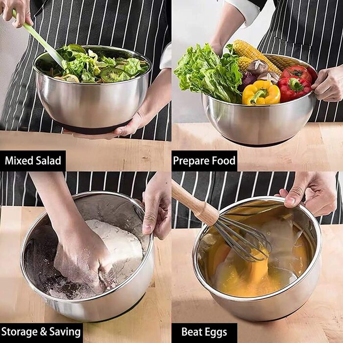 Umiten Mixing Bowls with Airtight Lids, 6-Piece Stainless Steel Metal Bowls Chef, Measuring Markings Durable Quality Size 7, 3.5, 2.5, 2.0, 1.5, 1QT, ideal for Mixing and Serving (Black)