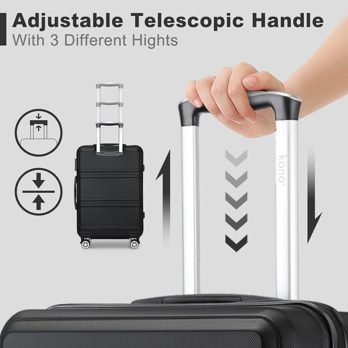 KONO Валіза-роликовий багаж середнього розміру 24 дюйми, ABS, з TSA-замком, 4 колеса, 65×44×25.5 см, Кремово-білий (Чорний, 3-частинний набір)