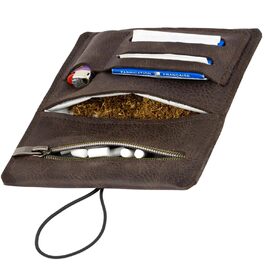 Simaru Personalized Tobacco Pouch with Engraving from Leather for 30g Tobacco Bag, Genuine Leather Roller Pouch including Filter Compartment and Pouch Holder (Dark Gray) (Dark Brown Engraving)