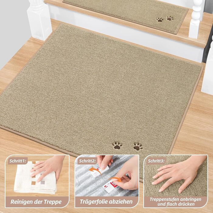 BEQHAUSE Non-Slip Stair Treads - 15 Piece Set, Washable Carpet for Stairs - Safe for Kids, Seniors & Pets, 22x70cm, 100% Polyester with TPE Backing