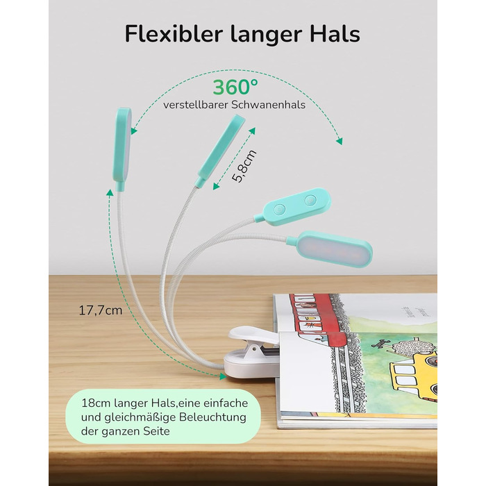 EDISHINE LED Кліпса для читання: USB-лампа з 3 кольорами та регулюванням яскравості, для дітей, для ліжка, авто, столу, кута. Захищає зір.