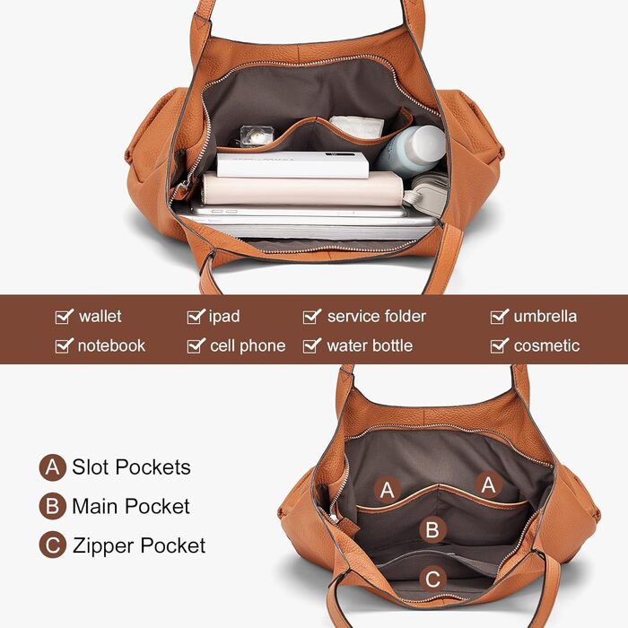 Шкіряна сумка-шопер Cnoles для жінок, велика сумка-тоут на плече для офісу, школи, покупок, коричнева 39x12x28.5 см