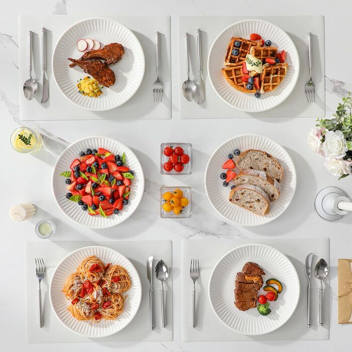 Набір посуду MALACASA LEILA на 6 осіб, 24 предмети: тарілки, миски, посуд з порцеляни з ручним рельєфним дизайном, безпечний для мікрохвильової печі та посудомийної машини, білий