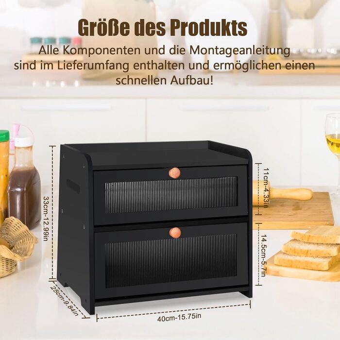 Бак для хліба з бамбука для кухні, 2-шаровий контейнер для домашнього хліба, чорний прямокутний, велика місткість